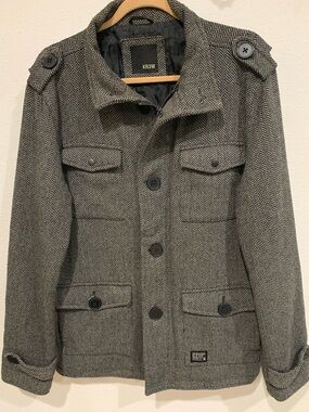 KR3W Manchester Gray Herringbone Peacoat, Military Field Jacket, Skater Coat, L